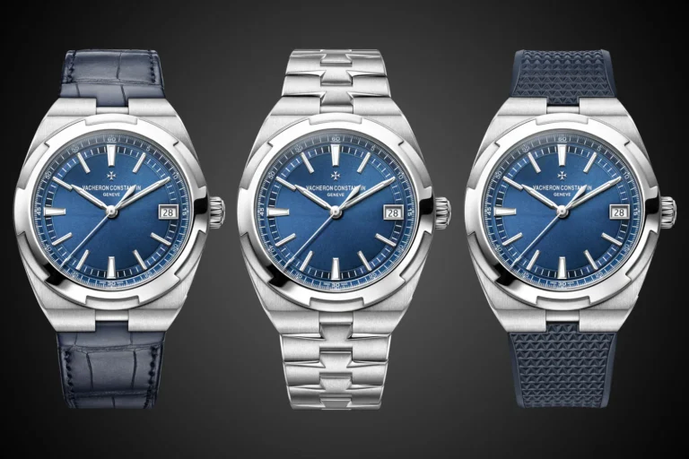 Three Vacheron Constantin Overseas watches with blue dials on leather, steel and rubber straps