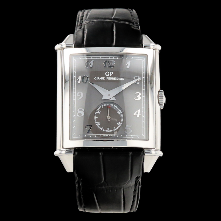 Girard-Perregaux Vintage 1945 rectangular watch with grey dial on black leather