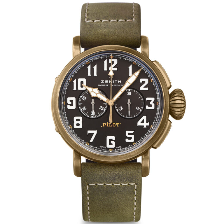Zenith Pilot Type 20 bronze chronograph on a green leather strap