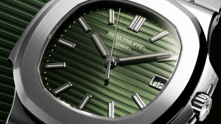 Patek Philippe Nautilus with olive green dial, close up